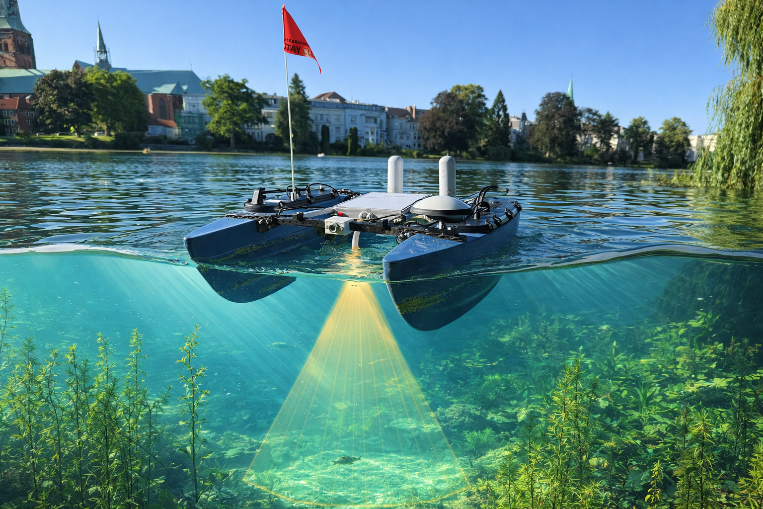 Unbemanntes Vermessungsboot NaviBlue auf einem Gewässer in Lübeck, unter Wasser die Schallkeule des Echolots